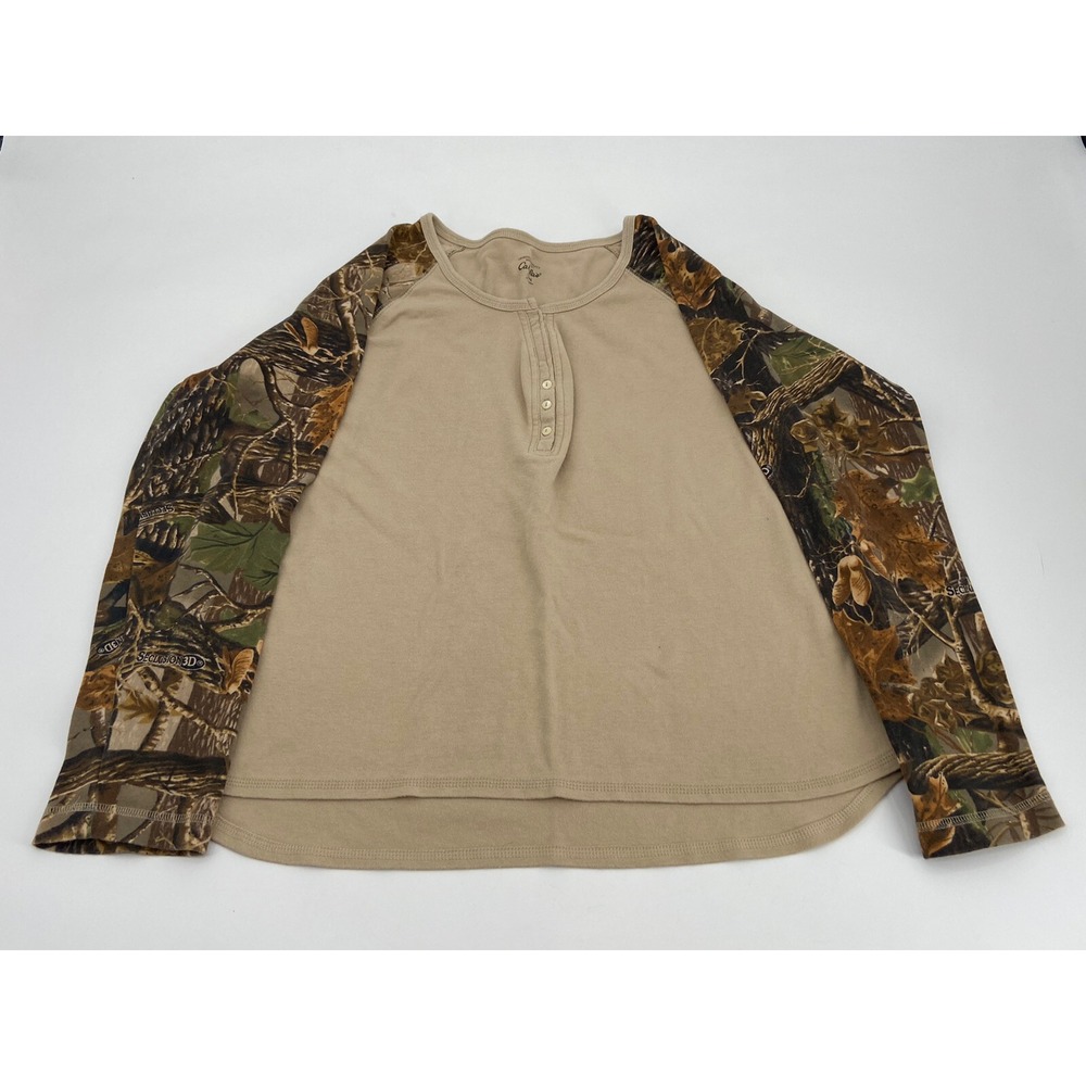 Cabela's Women's Size XL Seclusion 3D Camouflage Sleeve Knit Casual Shirt V Neck